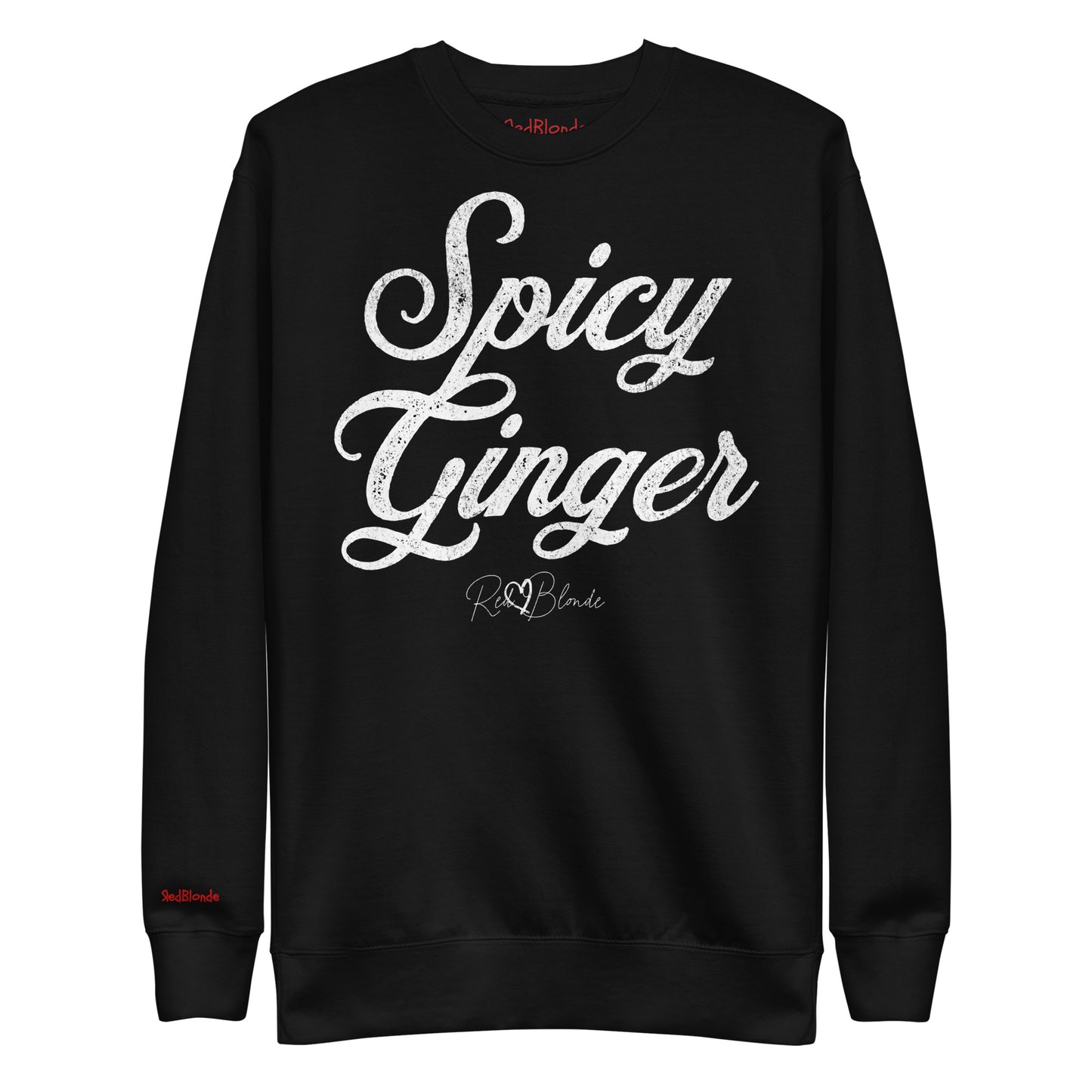 flatlay of black Classic relaxed fit premium unisex sweatshirt with the playful slogan ‘Spicy Ginger’ in white milk-store font, signed off RedBlonde. Branded RedBlonde London in red on inside neck and right cuff