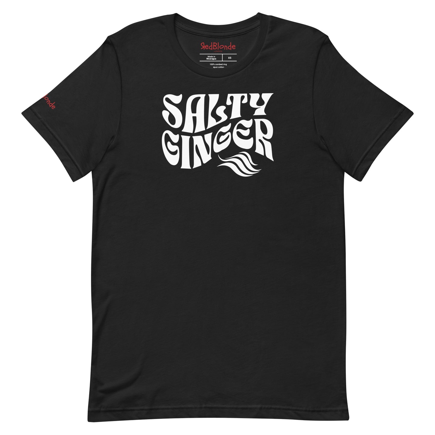 flatlay of black classic unisex graphic t-shirt with the slogan 'Salty Ginger' in Solino Display white retro 70s wavy font. Branded RedBlonde in red on inside neck and right sleeve