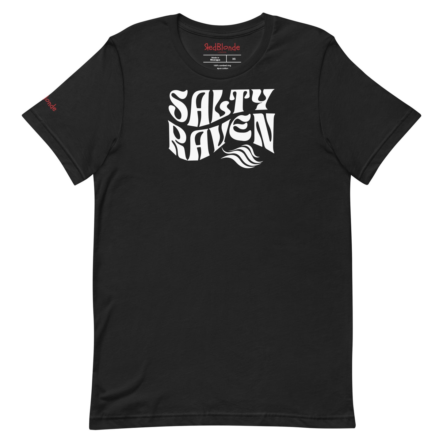 flatlay of black classic unisex graphic t-shirt with the slogan 'Salty Raven' in Solino Display white retro 70s wavy font. Branded RedBlonde in red on inside neck and right sleeve
