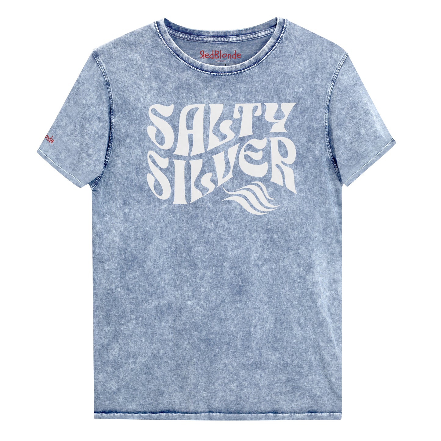 flatlay of blue vintage wash graphic t-shirt with the slogan 'Salty Silver' in white retro 70s wavy font. Branded RedBlonde inside neck and right shoulder in red