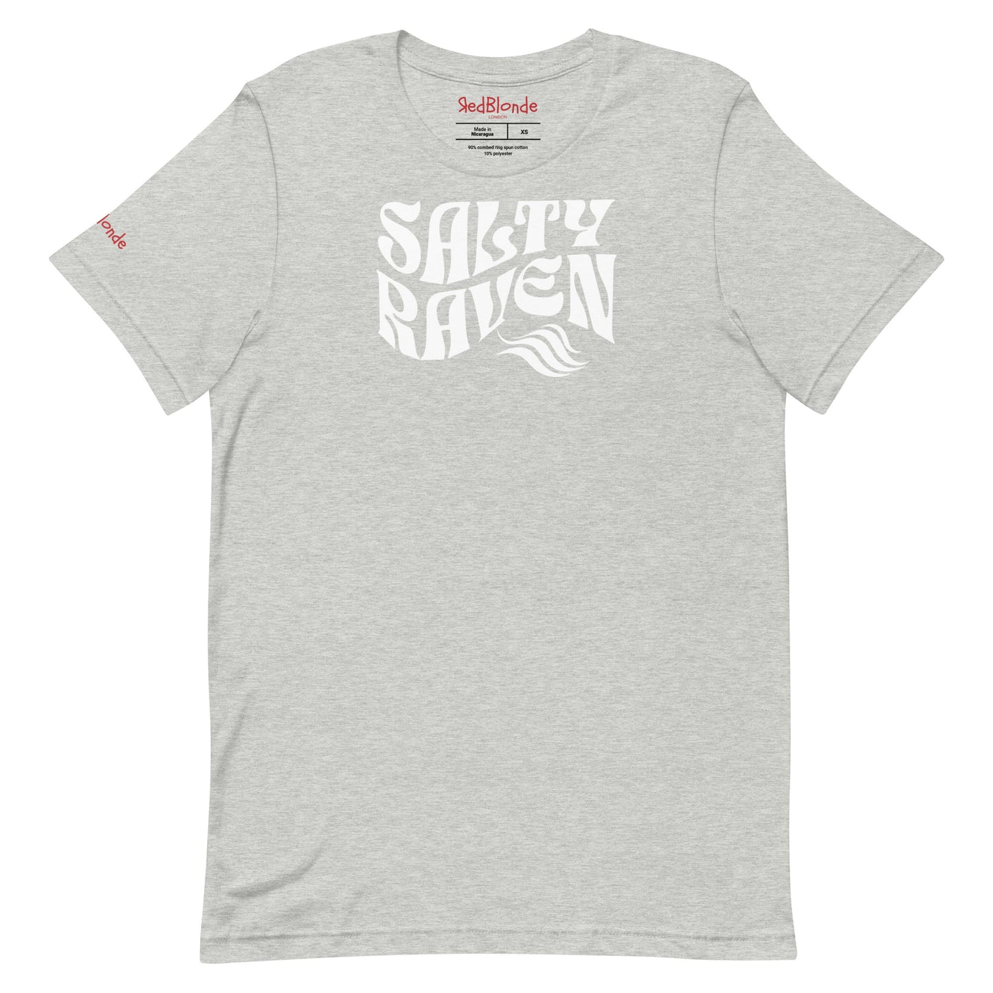 flatlay of gray classic unisex graphic t-shirt with the slogan 'Salty Raven' in Solino Display white retro 70s wavy font. Branded RedBlonde in red on inside neck and right sleeve