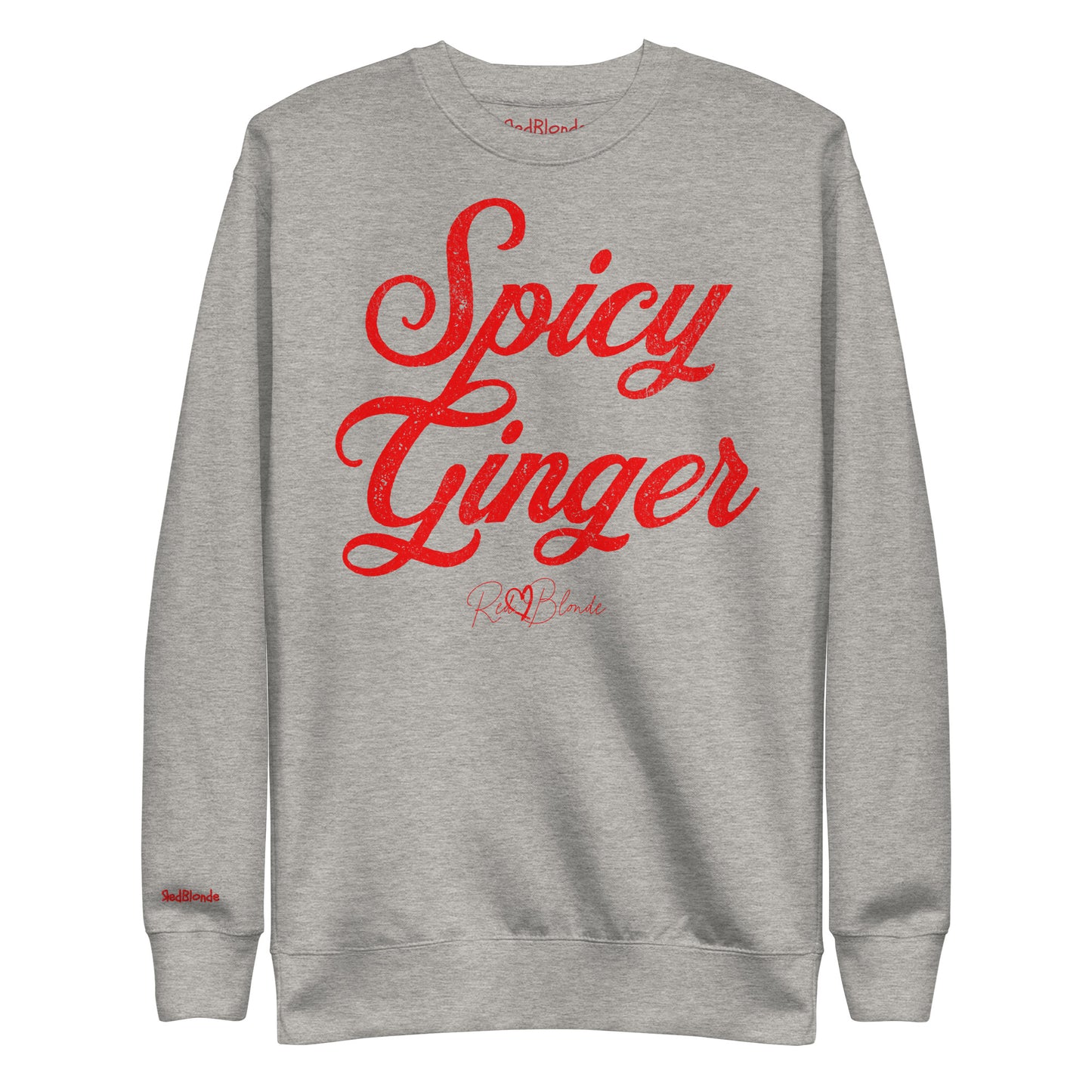 flatlay of grey Classic relaxed fit premium unisex sweatshirt with the playful slogan ‘Spicy Ginger’ in red milk-store font, signed off RedBlonde. Branded RedBlonde London in red on inside neck and right cuff
