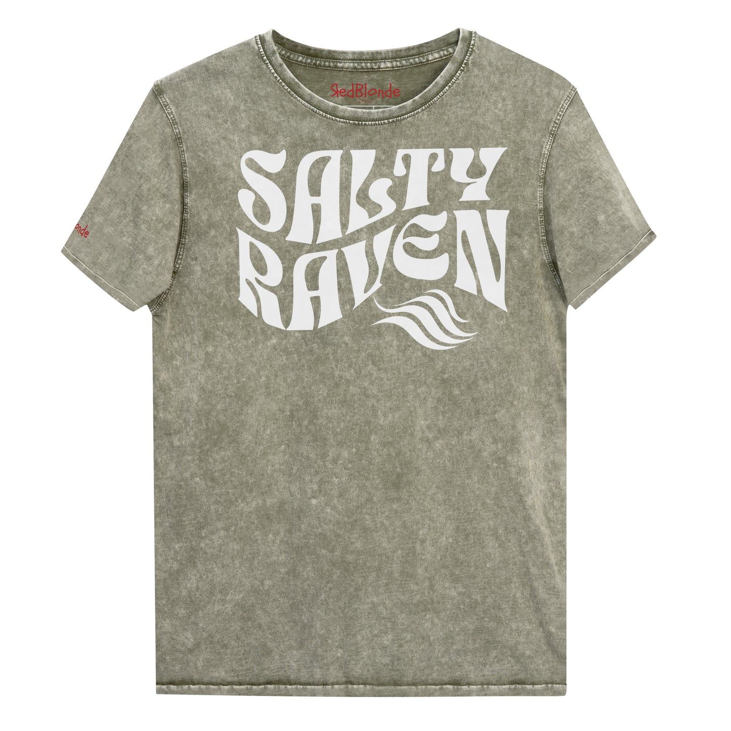 flatlay of unisex relaxed fit soft army green denim wash vintage graphic t-shirt with the slogan 'Salty Raven' in white retro 70s wavy font. Branded RedBlonde in red on inside neck and right sleeve