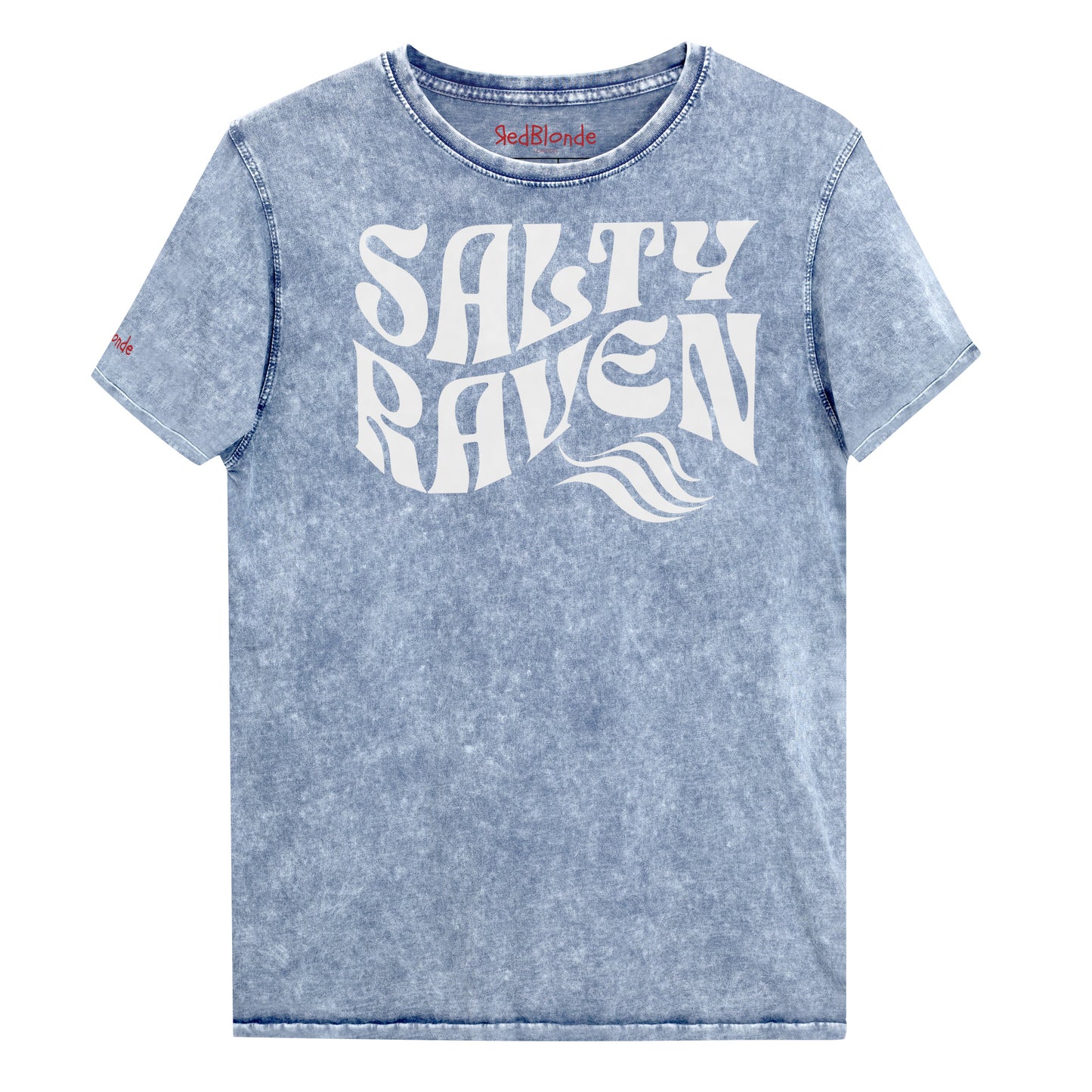 flatlay of unisex relaxed fit soft blue denim wash vintage graphic t-shirt with the slogan 'Salty Raven' in white retro 70s wavy font. Branded RedBlonde in red on inside neck and right sleeve