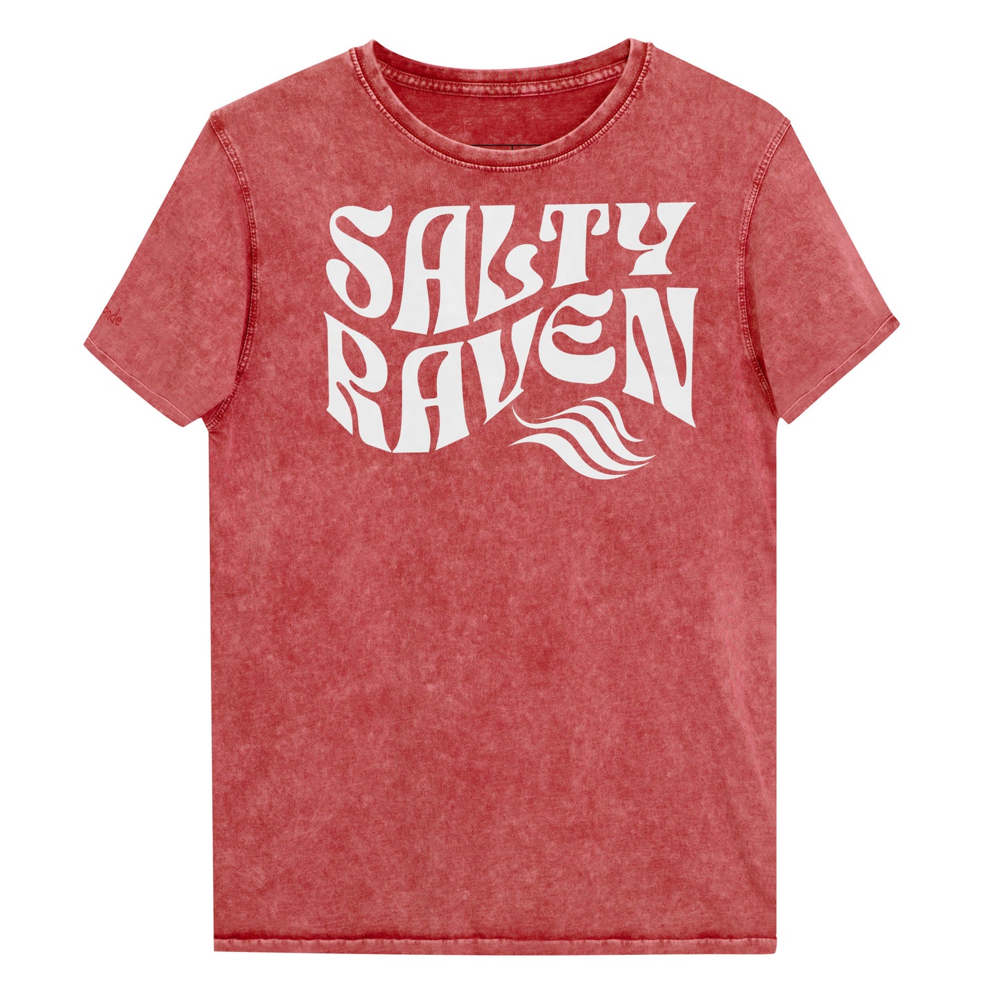 flatlay of unisex relaxed fit soft garnet red denim wash vintage graphic t-shirt with the slogan 'Salty Raven' in white retro 70s wavy font. Branded RedBlonde in red on inside neck and right sleeve