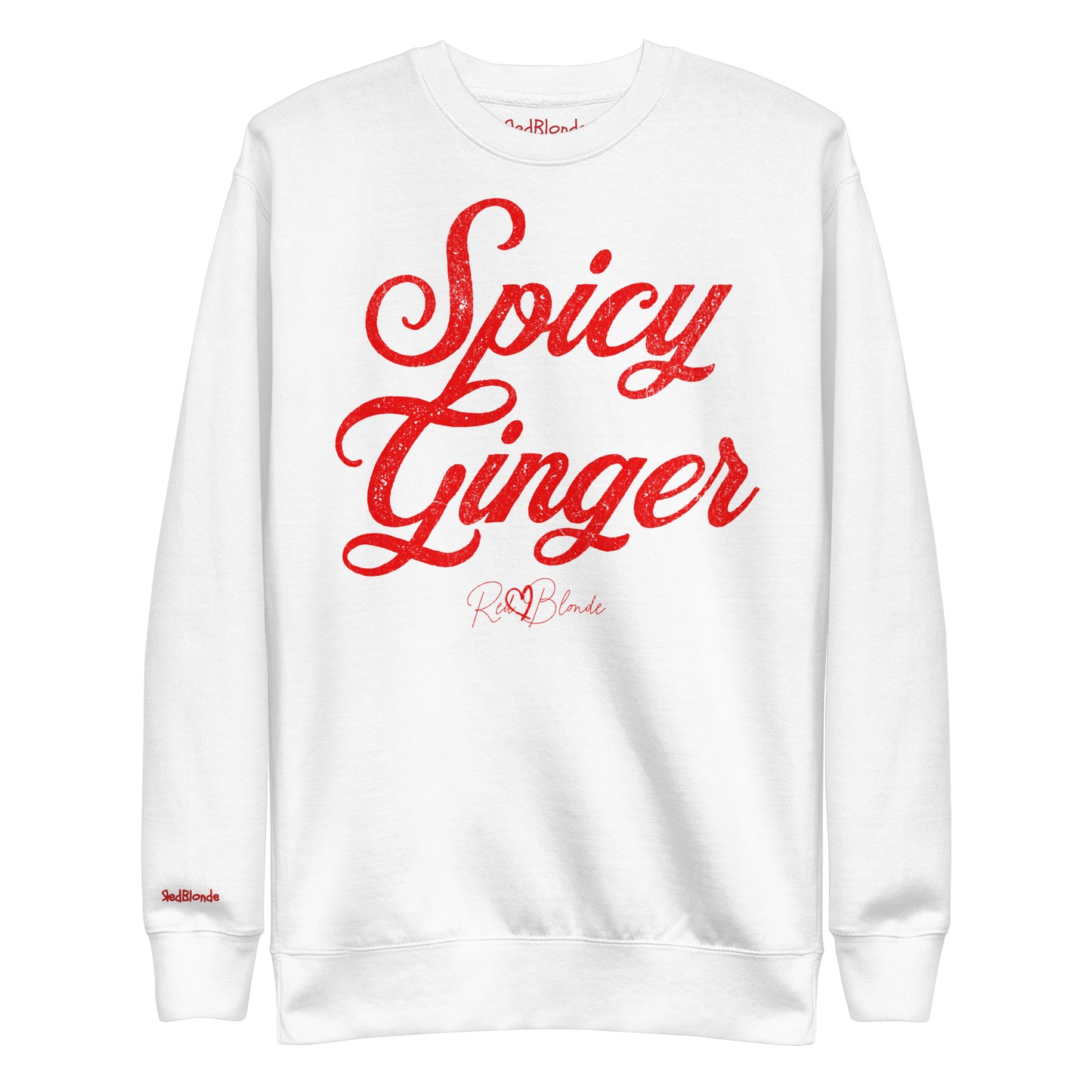 flatlay of white Classic relaxed fit premium unisex sweatshirt with the playful slogan ‘Spicy Ginger’ in red milk-store font, signed off RedBlonde. Branded RedBlonde London in red on inside neck and right cuff
