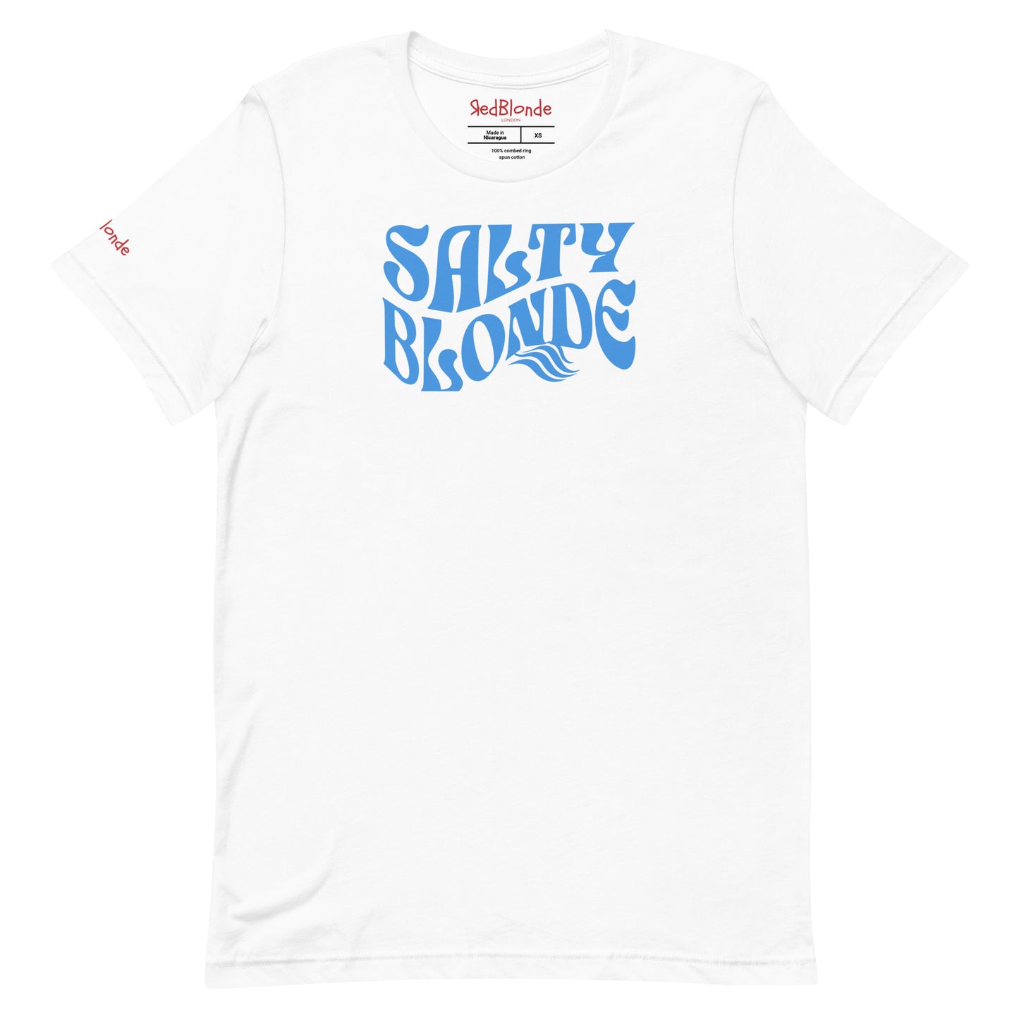 flatlay of white classic unisex graphic t-shirt with the slogan 'Salty Blonde' in Solino Display blue retro 70s wavy font. Branded RedBlonde in red on inside neck and right sleeve
