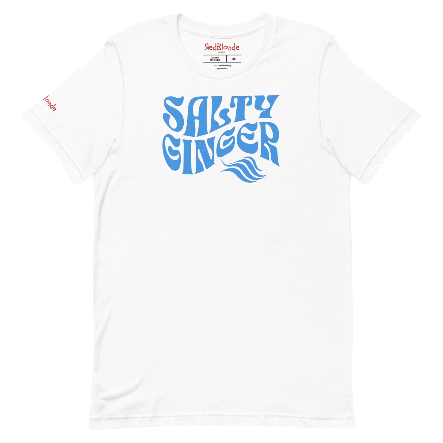 flatlay of white classic unisex graphic t-shirt with the slogan 'Salty Ginger' in Solino Display blue retro 70s wavy font. Branded RedBlonde in red on inside neck and right sleeve
