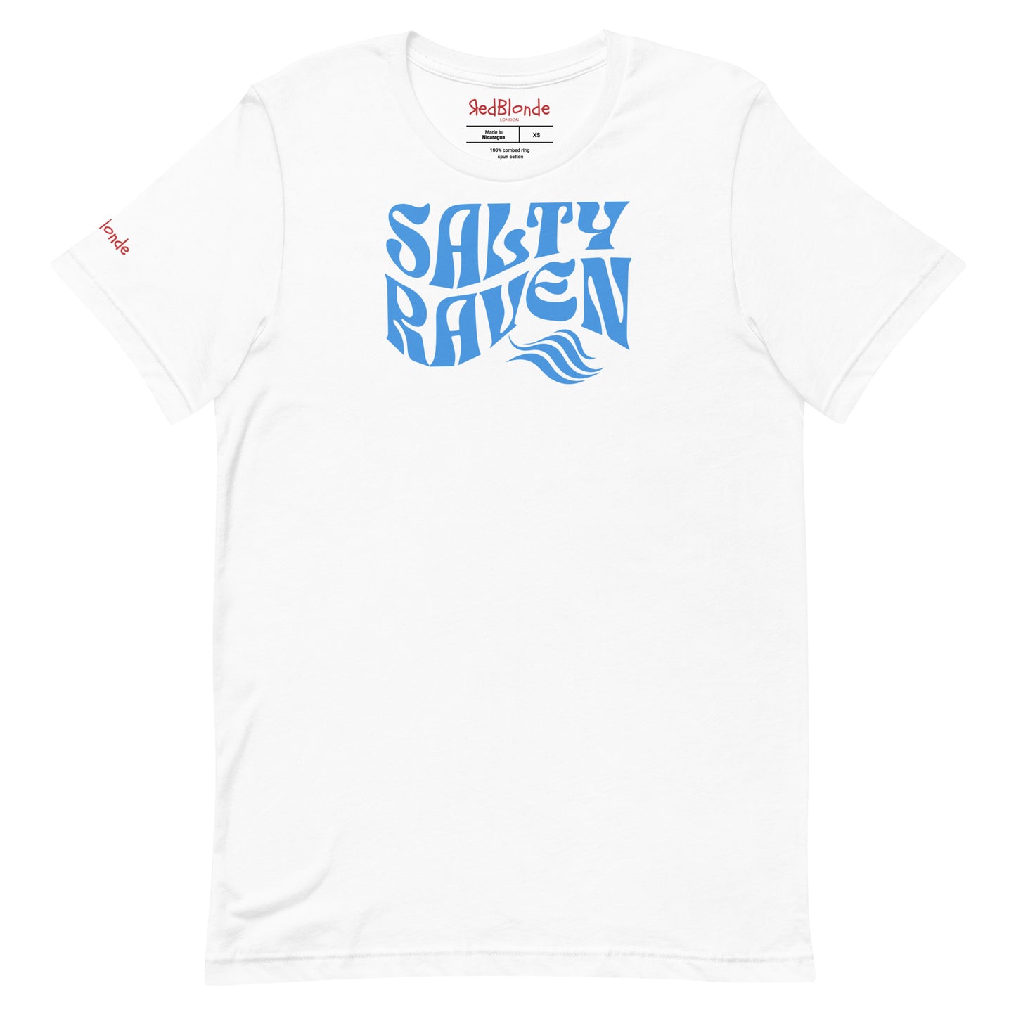 flatlay of white classic unisex graphic t-shirt with the slogan 'Salty Raven' in Solino Display blue retro 70s wavy font. Branded RedBlonde in red on inside neck and right sleeve