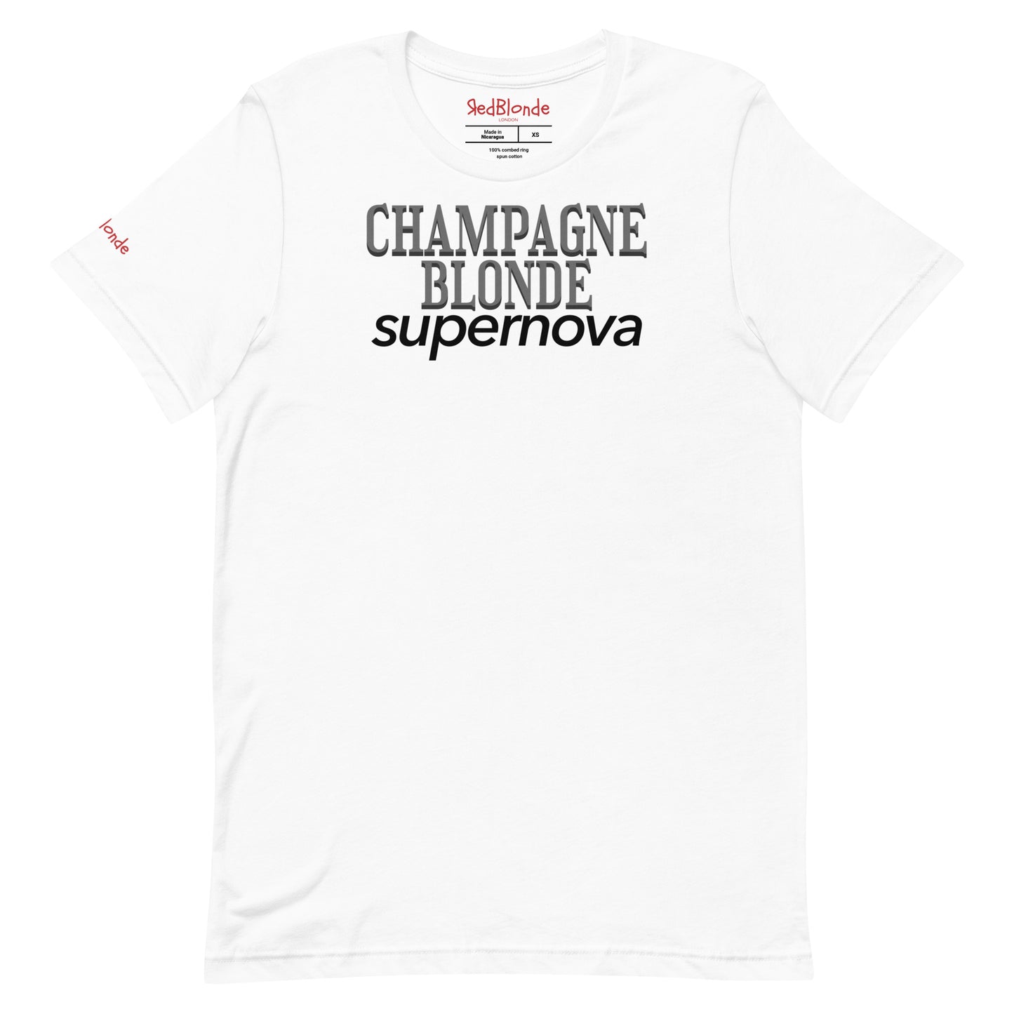 flatlay of white unisex t-shirt with the words 'CHAMPAGNE BLONDE' in grey Girasoll font with 'supernova' underneath in black. Branded RedBlonde in Red on inside neck and right sleeve