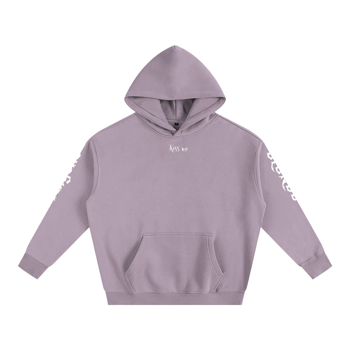 Front view of a lavender oversized hoodie featuring a kangaroo pocket and white “Kiss Me” spolice text centered on the chest. The sleeves display white graphic text along the sides. The hoodie is laid flat against a white background.