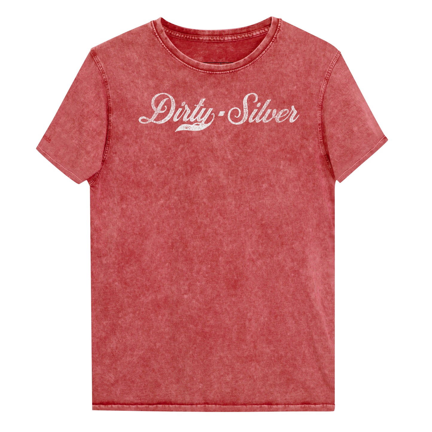 Flatlay of a garnet red unisex loose-fit denim wash t-shirt with vintage Coca-Cola-inspired milkstore script in white reading ‘Dirty Silver’ on the front. Branded RedBlonde on the inside neck and right shoulder in red