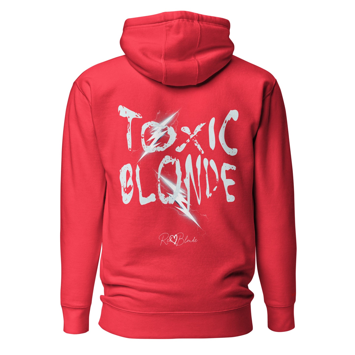 Back view of a garnet red unisex hoodie featuring bold distressed white Chainsaw Carnage text reading “Toxic Blonde” with lightning-style accents and the RedBlonde signature logo underneath. The design has an edgy, electric aesthetic.Branded RedBlonde in red on right sleeve