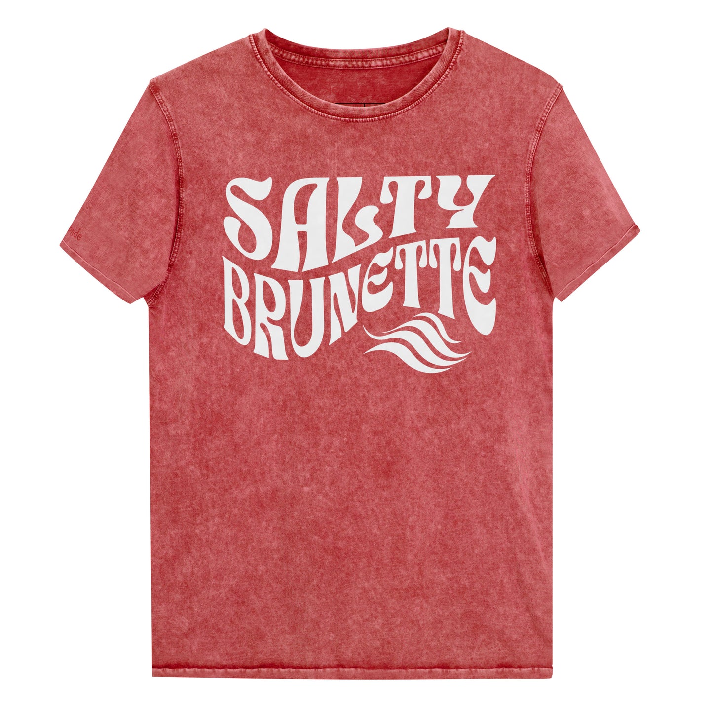 flatlay of soft garnet red denim wash vintage graphic t-shirt with the slogan 'Salty Brunette' in white retro 70s font. Branded RedBlonde in inside neck and right sleeve