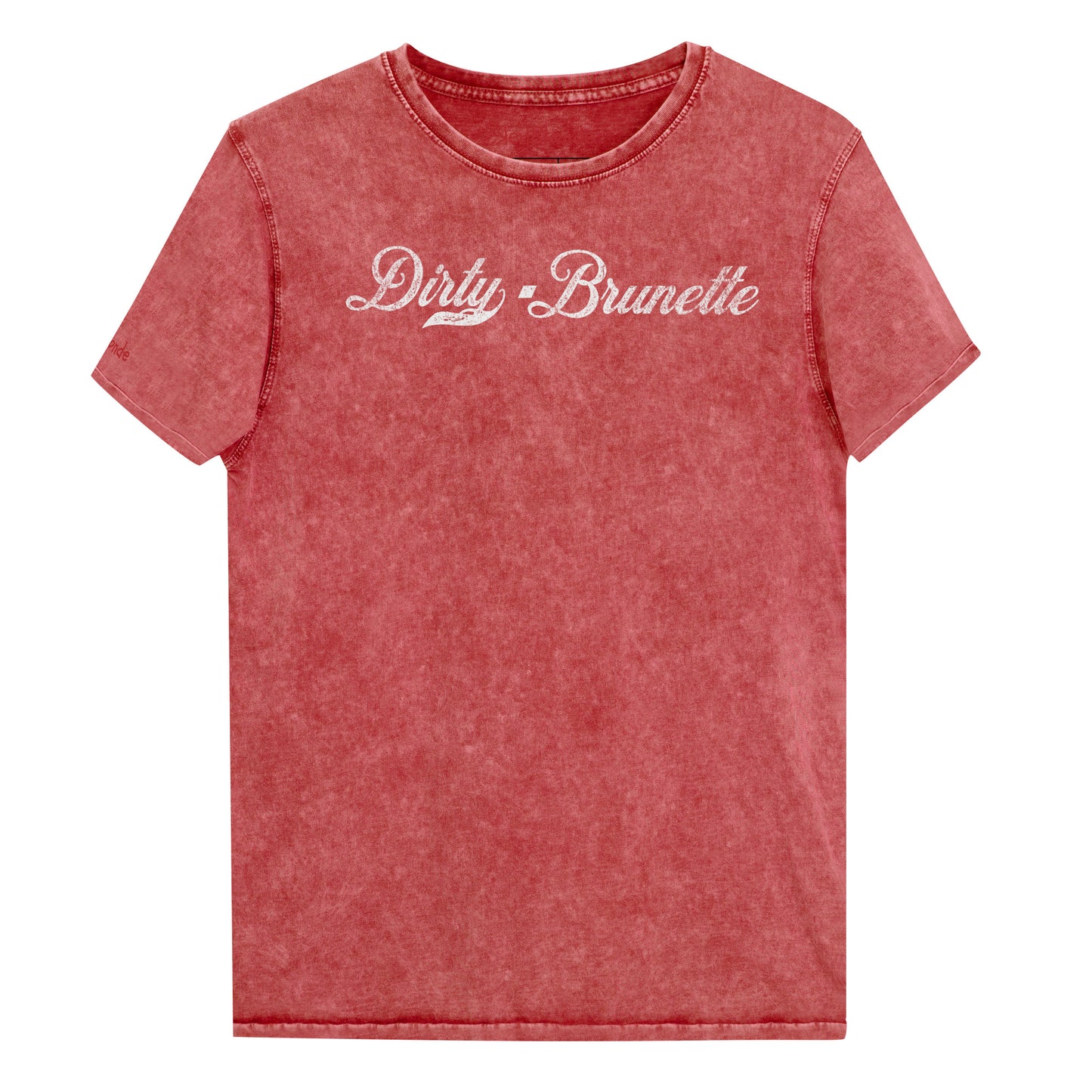 Flatlay of a garnet red unisex loose-fit denim wash t-shirt with vintage Coca-Cola-inspired milkstore script in white reading ‘Dirty Brunette’ on the front. Branded RedBlonde on the inside neck and right shoulder in red