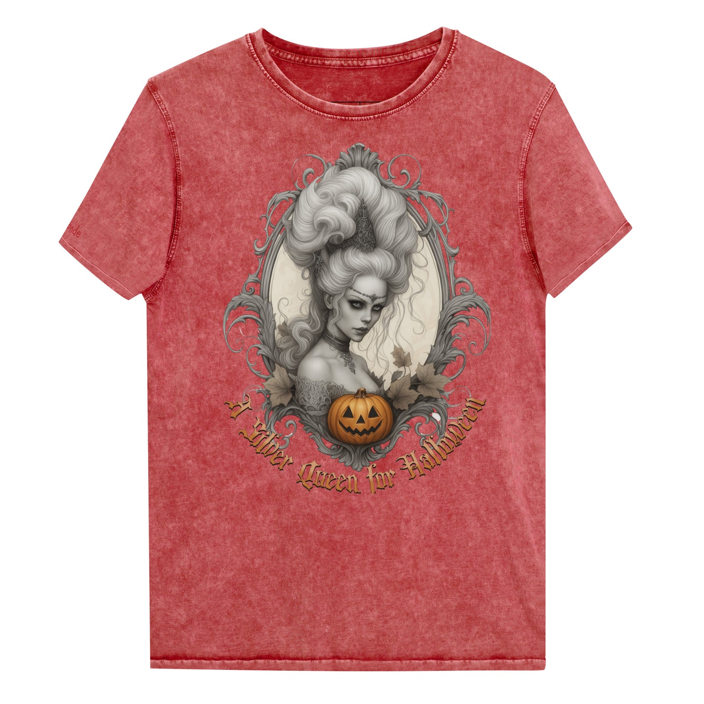 Garnet Red acid-wash unisex T-shirt featuring a gothic-style illustration of a silver-haired woman with an elaborate beehive hairstyle, framed by ornate scrollwork, autumn leaves, and a carved pumpkin. The design is captioned with the text ‘A Silver Queen for Halloween’ in vintage Dark Angle lettering. Branded RedBlonde in red on inside neck and right sleeve