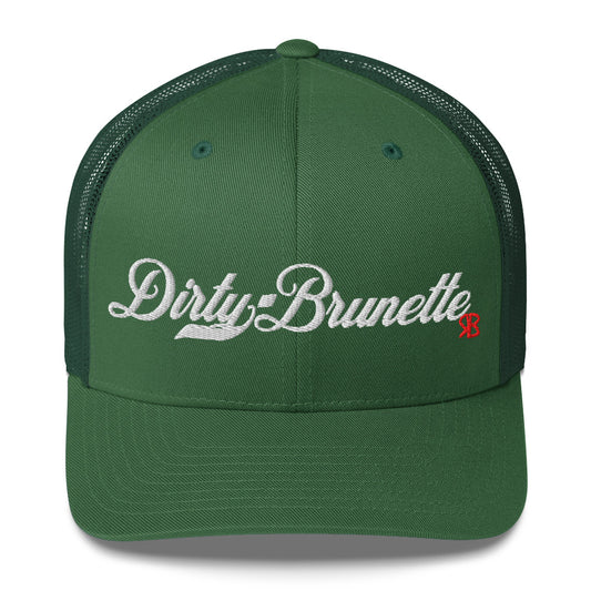green trucker cap with 'Dirty Brunette' in white milkstore font. Branded RB in Red