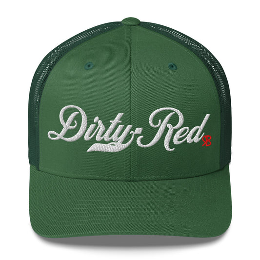 green trucker cap with 'Dirty Red' in white milkstore font. Branded RB in Red