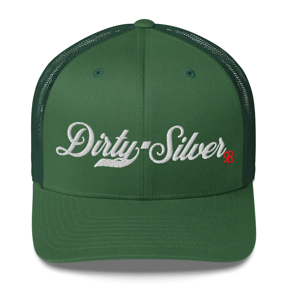 green trucker cap with 'Dirty Silver' in white milkstore font. Branded RB in Red
