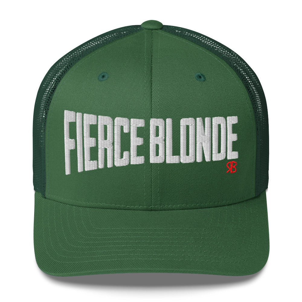 green retro trucker cap with bold white embroidered text “Fierce Blonde” across the front, featuring a small red RB logo on the side.