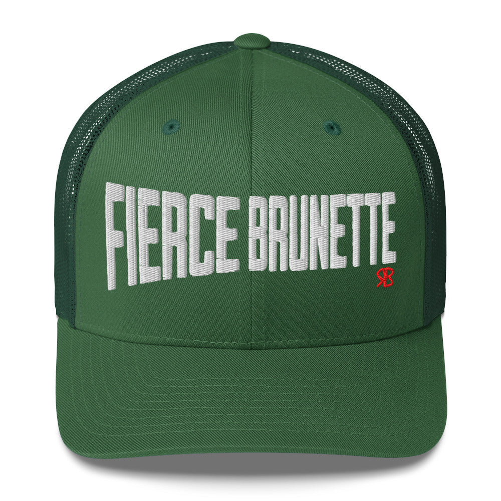 green retro trucker cap with bold white embroidered text “Fierce Brunette” across the front, featuring a small red RB logo on the side.