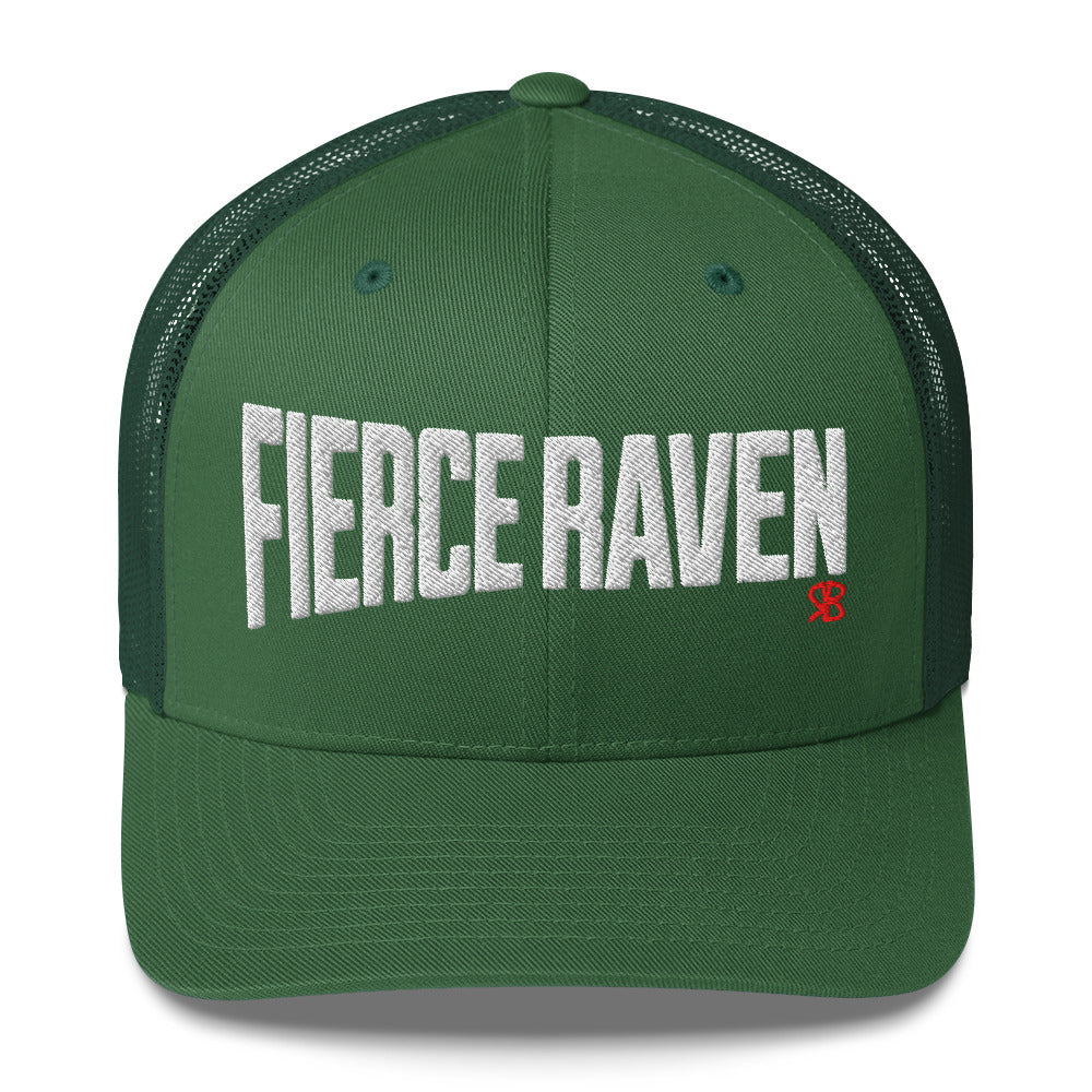 green retro trucker cap with bold white embroidered text “Fierce Raven” across the front, featuring a small red RB logo on the side.