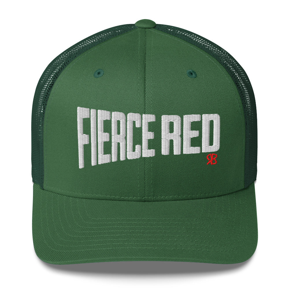 green retro trucker cap with bold white embroidered text “Fierce Red” across the front, featuring a small red RB logo on the side.