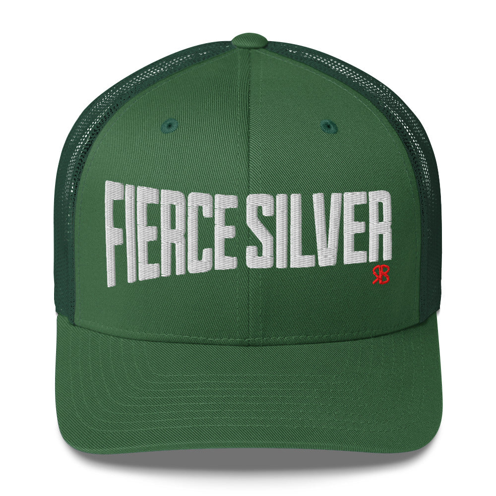 green retro trucker cap with bold white embroidered text “Fierce Silver” across the front, featuring a small red RB logo on the side.