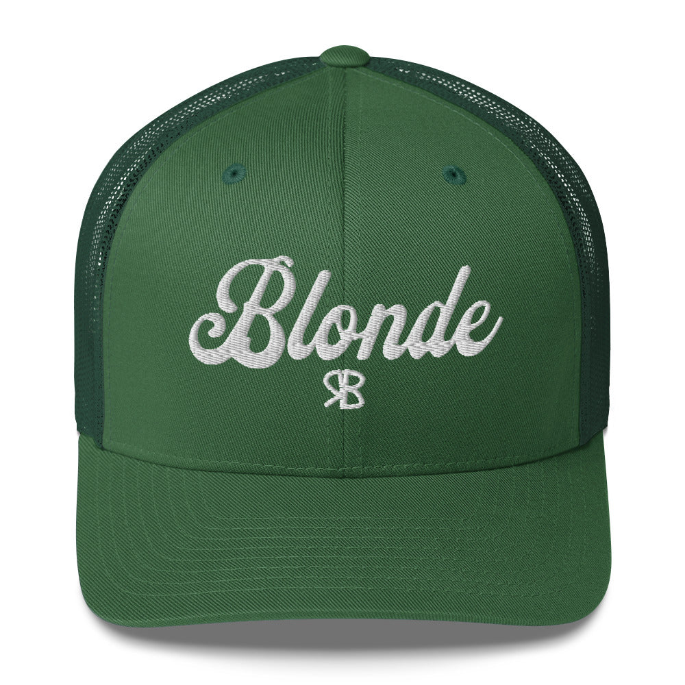 green trucker cap with 'Blonde' in white adventurer 01 font on front. Mesh back. Branded RB
