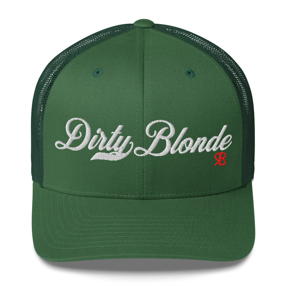 green trucker cap with 'Dirty Blonde' in white milkstore font. Branded RB in Red