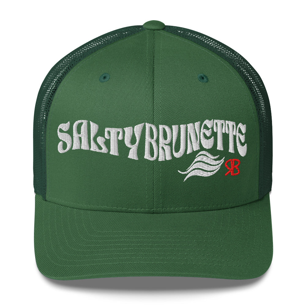 green trucker cap with 'Salty Brunette' in white Solino display font. Branded RB in red