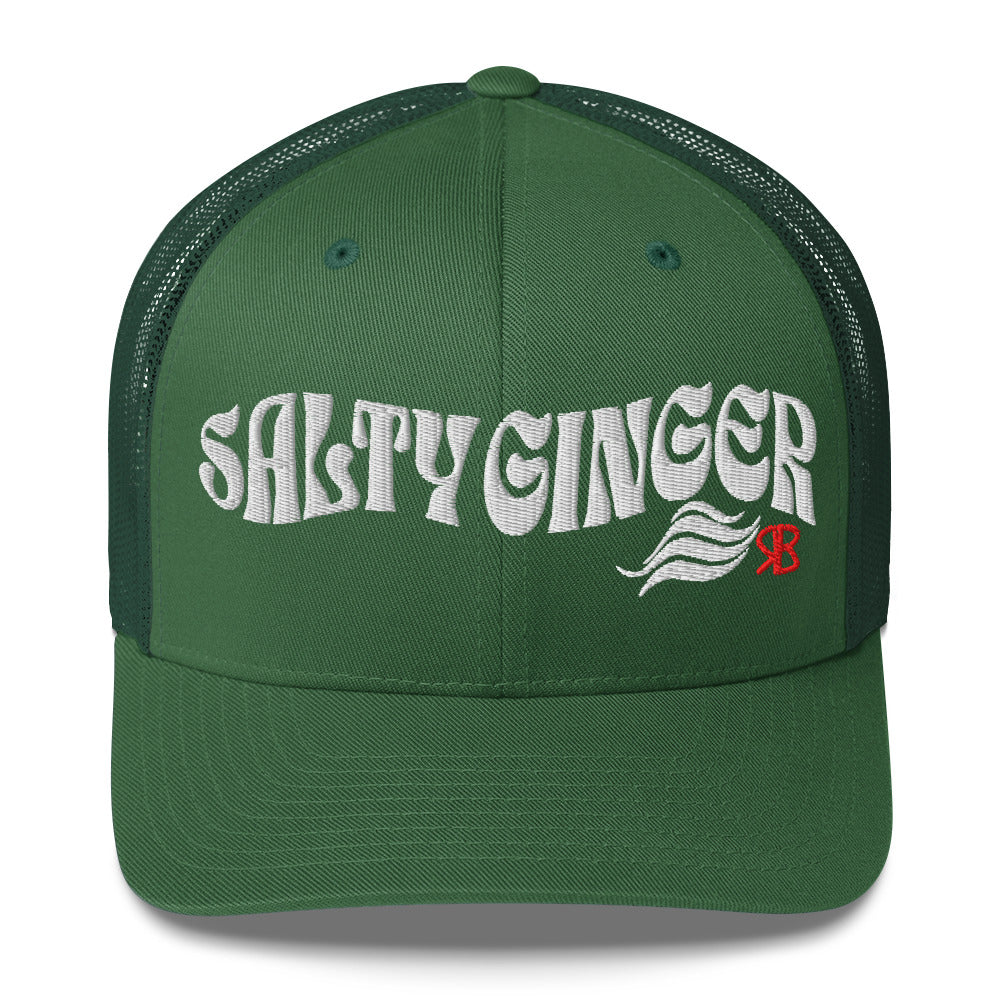 green trucker cap with 'Salty Ginger' in white Solino display font. Branded RB in red