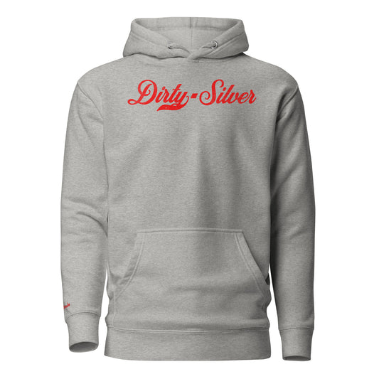 flatlay of grey Classic relaxed fit premium unisex hoodie with the playful slogan ‘Dirty Silver’ in red milk-store font, signed off RedBlonde. Branded RedBlonde London in red on inside neck and right cuff