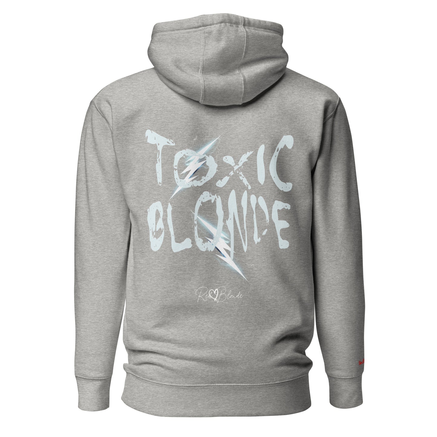Back view of a grey unisex hoodie featuring bold distressed white Chainsaw Carnage text reading “Toxic Blonde” with lightning-style accents and the RedBlonde signature logo underneath. The design has an edgy, electric aesthetic.Branded RedBlonde in red on right sleeve