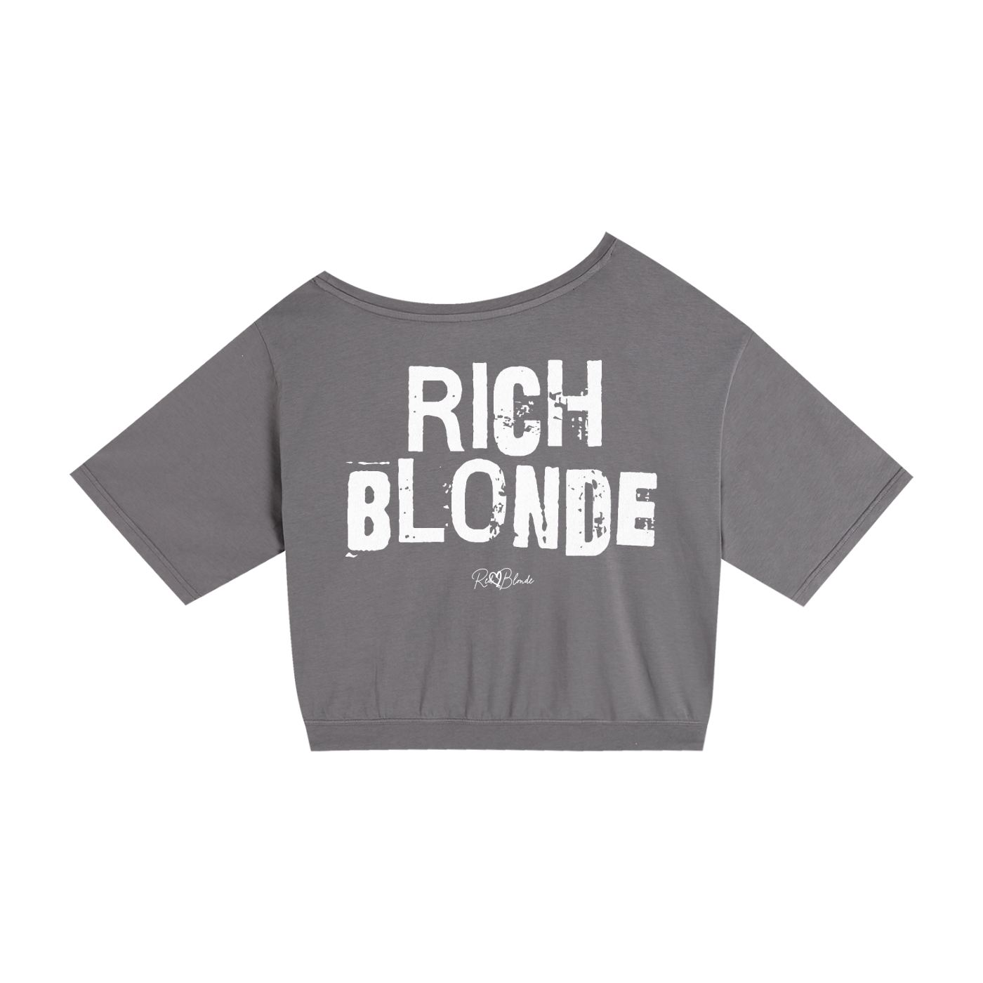 Grey asymmetrical shoulder t-shirt with bold white Ed Gein font “RICH BLONDE" slogan on the front and RedBlonde logo beneath.