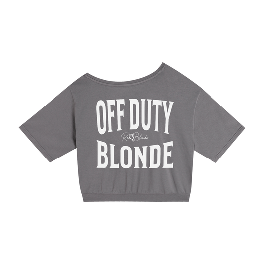 Grey asymmetrical boxy T-shirt with white ‘OFF DUTY BLONDE’ brookfield text back print and RedBlonde signature logo.”