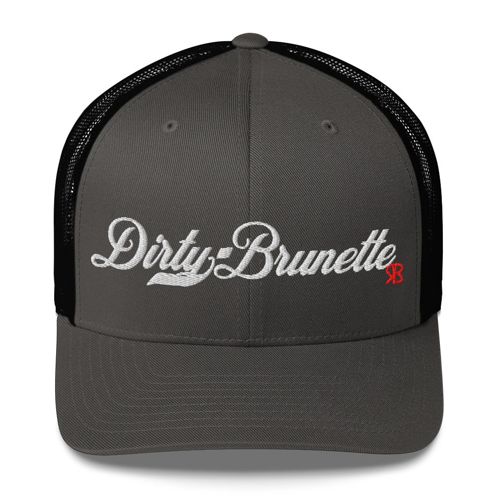 grey/black trucker cap with 'Dirty Brunette' in white milkstore font. Branded RB in Red