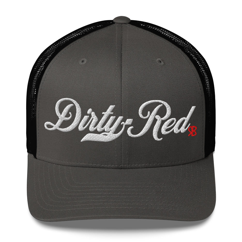 grey/black trucker cap with 'Dirty Red' in white milkstore font. Branded RB in Red