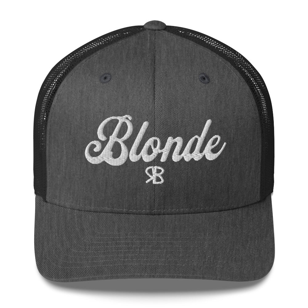 grey/black trucker cap with 'Blonde' in white adventurer 01 font on front. Mesh back. Branded RB