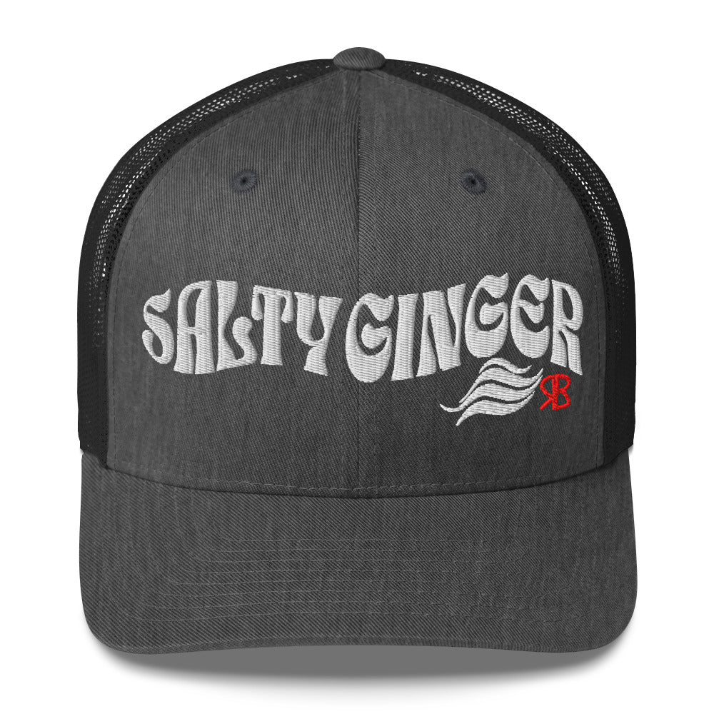grey/black trucker cap with 'Salty Ginger' in white Solino display font. Branded RB in red