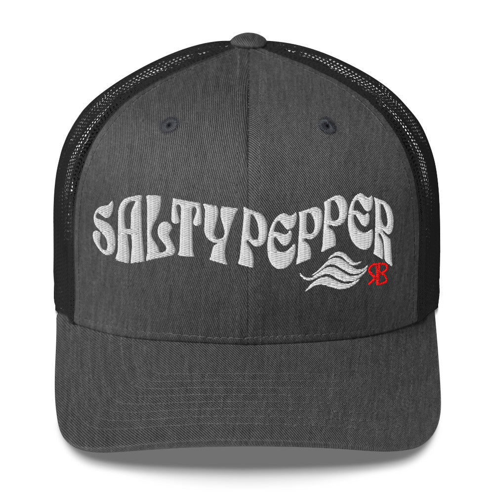 grey/black trucker cap with 'Salty Pepper in white Solino display font. Branded RB in red