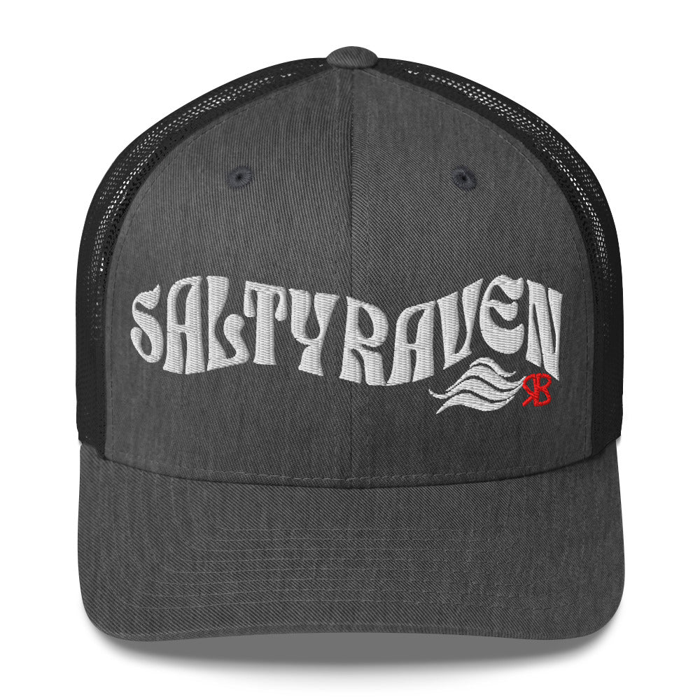 grey/black trucker cap with 'Salty Raven' in white Solino display font. Branded RB in red
