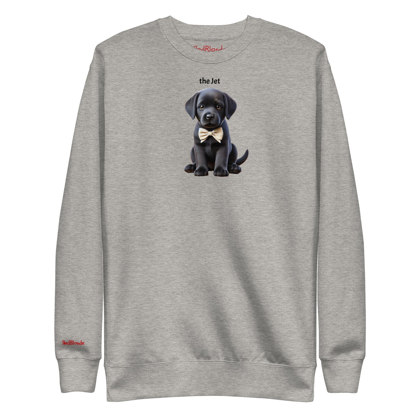 Flatlay of grey relaxed fit unisex sweatshirt with a cute graphic of a Jet black puppy wearing a bow-tie and the words 'the Jet' linking to Black hair. Branded RedBlonde in red on inside neck and right cuff