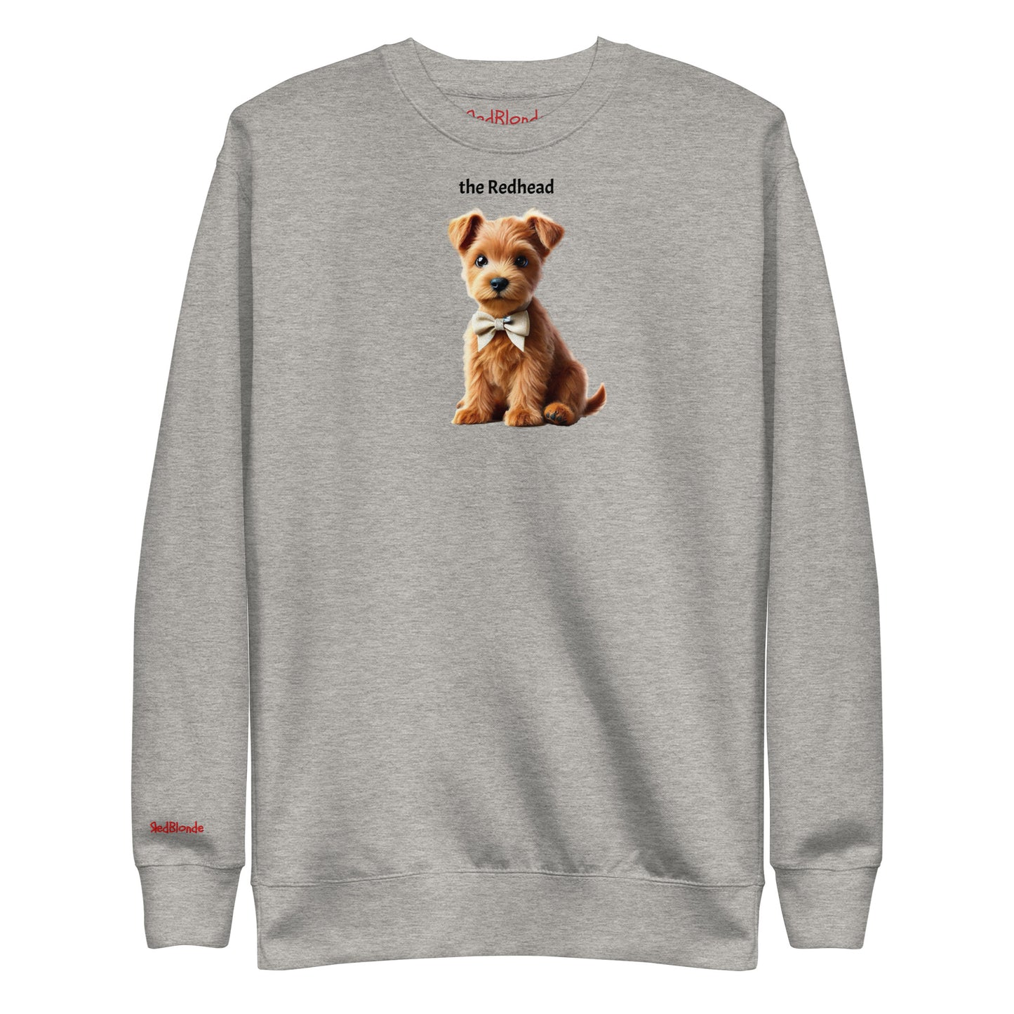 Flatlay of grey relaxed fit unisex sweatshirt with a cute graphic of a Redhead Puppy wearing a bow-tie and the words 'the Redhead' linking to Red hair. Branded RedBlonde in red on inside neck and right cuff