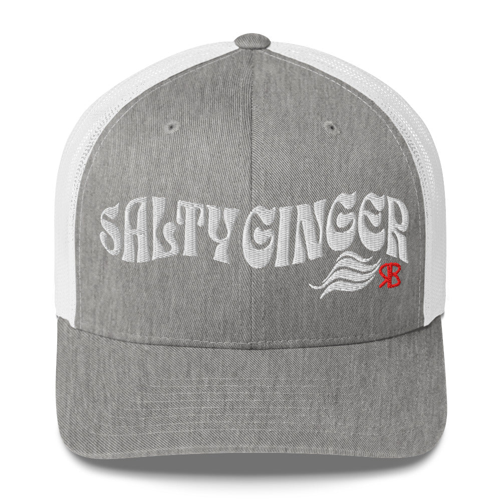 grey/white trucker cap with 'Salty Ginger' in white Solino display font. Branded RB in red