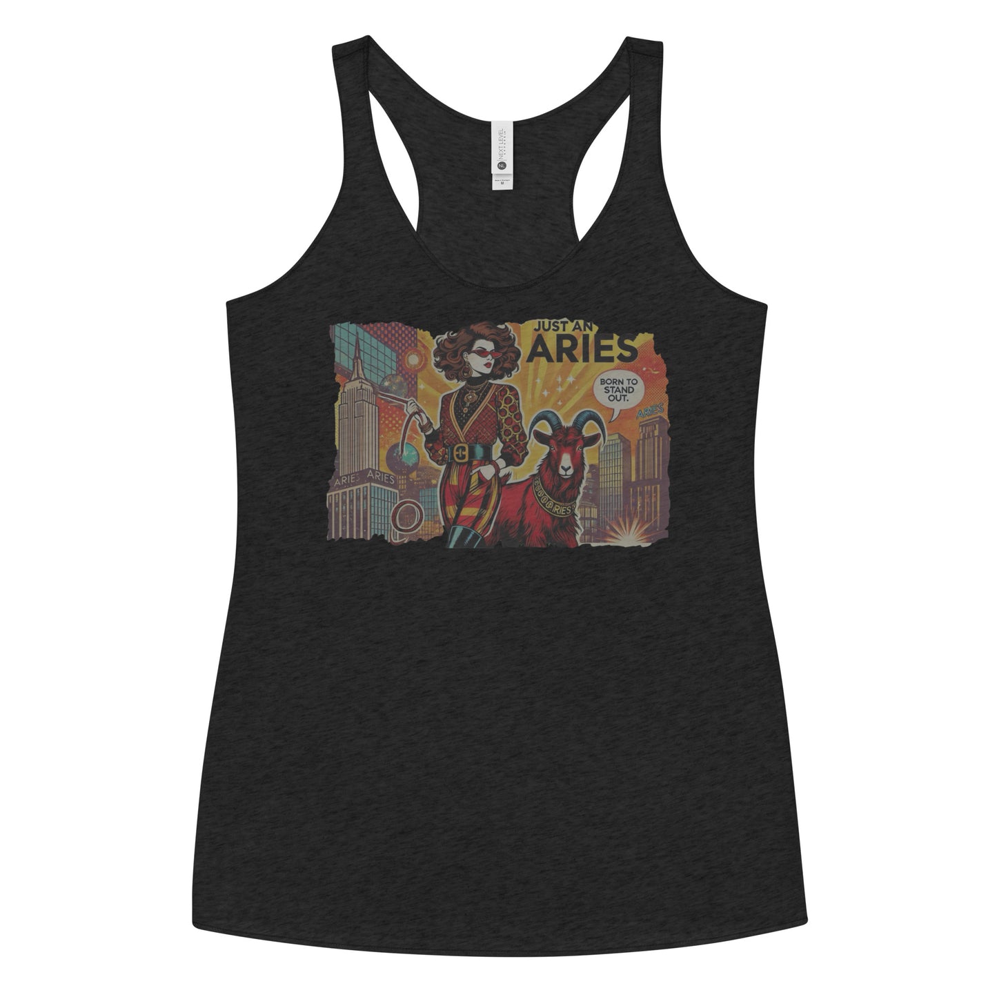 Flatlay of a heather black soft racerback tank t-shirt with a retro pop-art Brunette Aries graphic featuring a brunette woman, wearing a belted catsuit and high boots with one hand in her pocket, with a ram by her side and a city backdrop, captioned ‘Just an Aries, born to stand out'