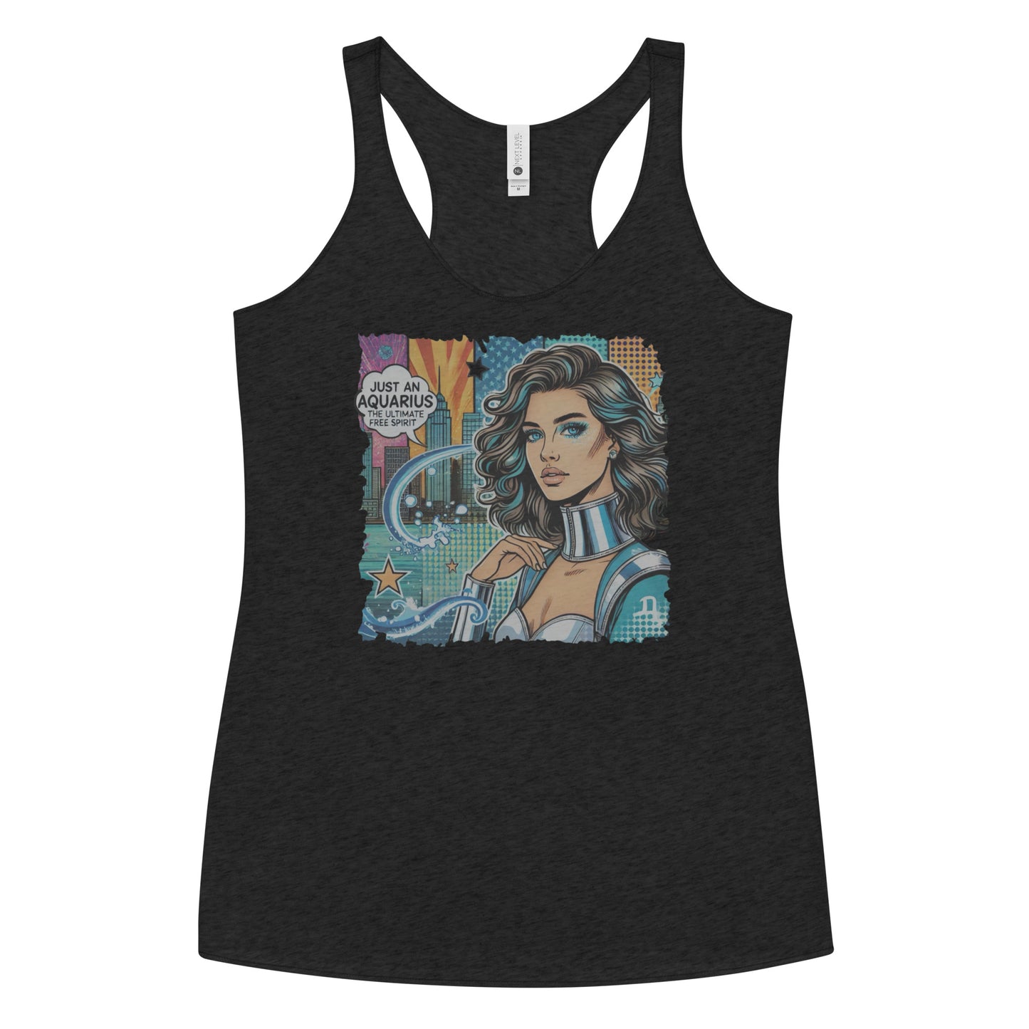 Flatlay of a heather black soft racerback tank t-shirt with a retro pop-art Aquarius graphic showing the head and shoulders of a brunette woman with blue highlights wearing a sci-fi type silver choker and outfit, with a city background with tentacles and stars captioned, "Just an Aquarius, the ultimate free spirit"