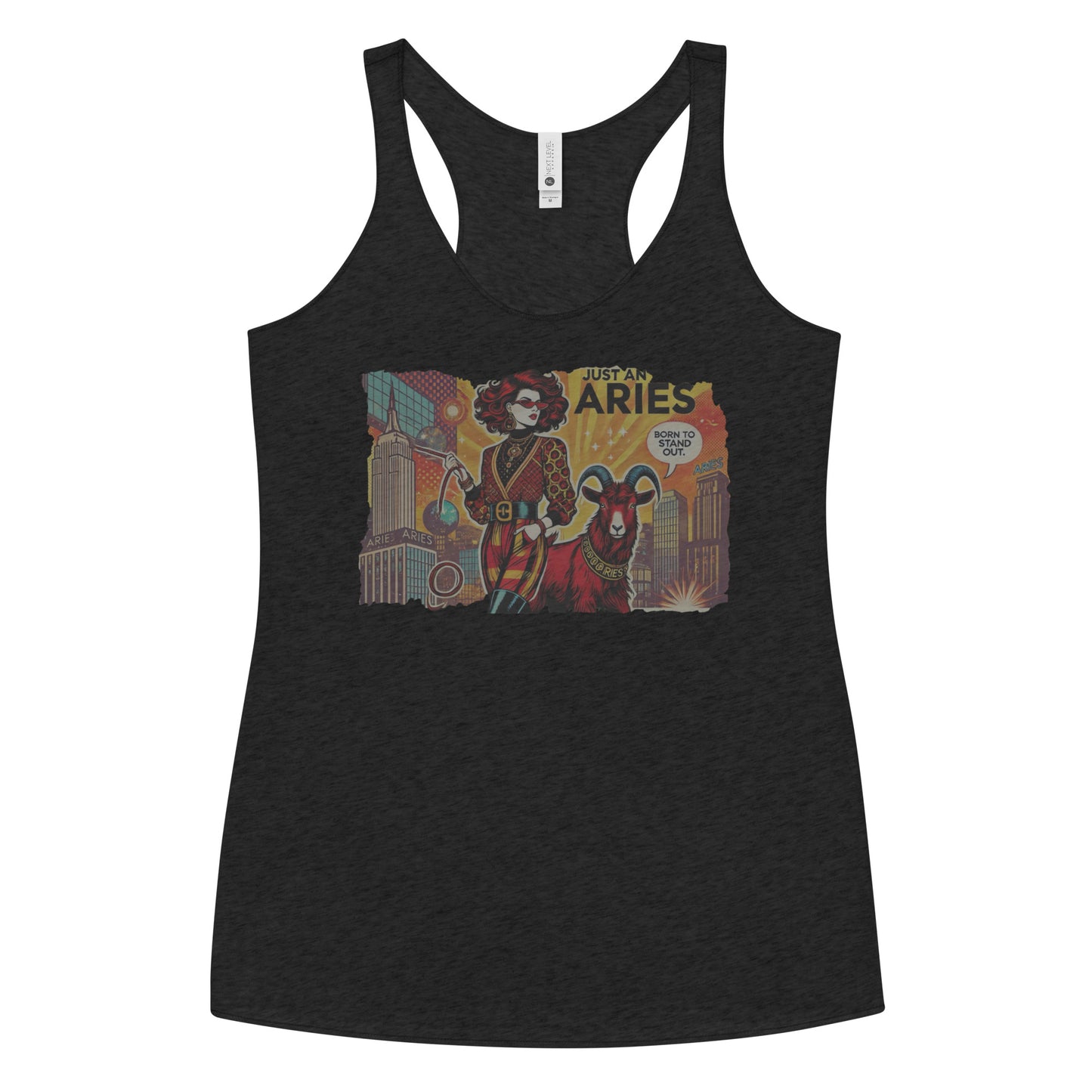 Flatlay of a heather black soft racerback tank t-shirt with a retro pop-art Aries graphic featuring a redhead woman, wearing a belted catsuit and high boots with one hand in her pocket, with a ram by her side and a city backdrop, captioned ‘Just an Aries, born to stand out'