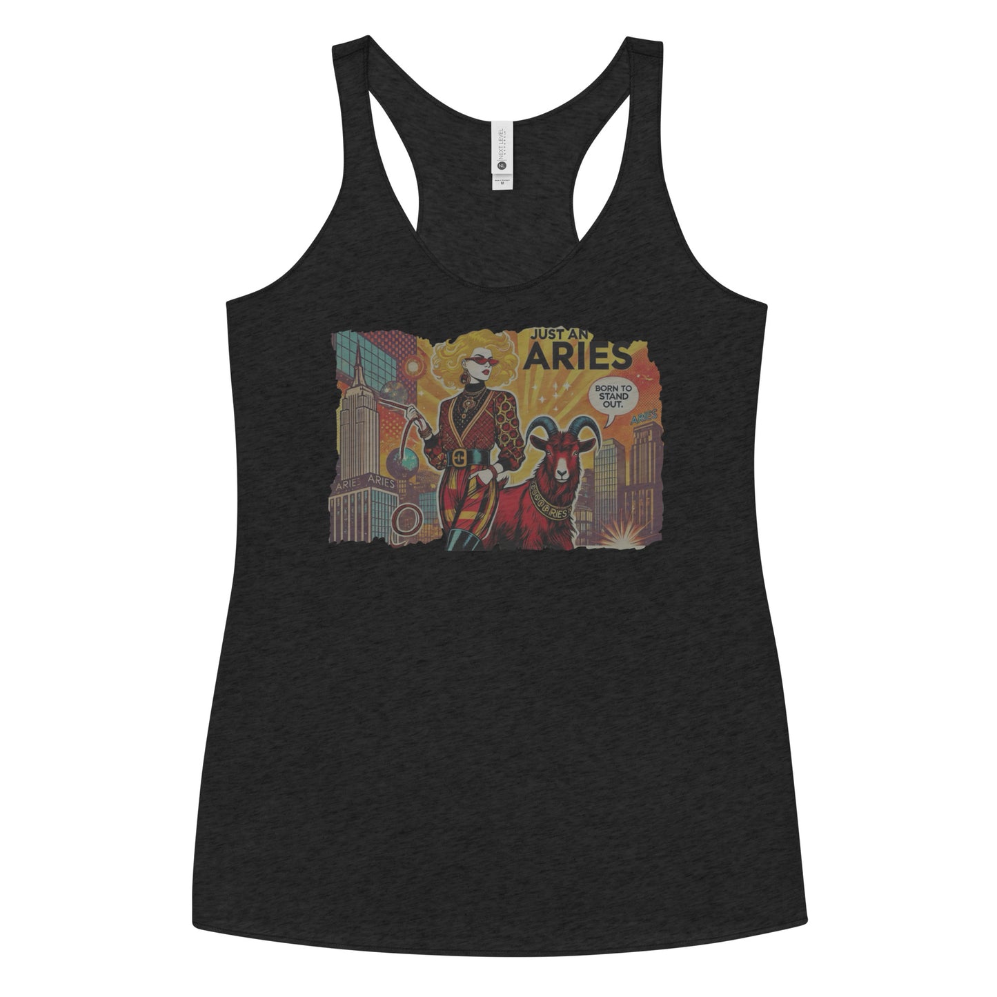 Flatlay of a heather black soft racerback tank t-shirt with a retro pop-art Blonde Aries graphic featuring a Blonde woman, wearing a belted catsuit and high boots with one hand in her pocket, with a ram by her side and a city backdrop, captioned ‘Just an Aries, born to stand out'