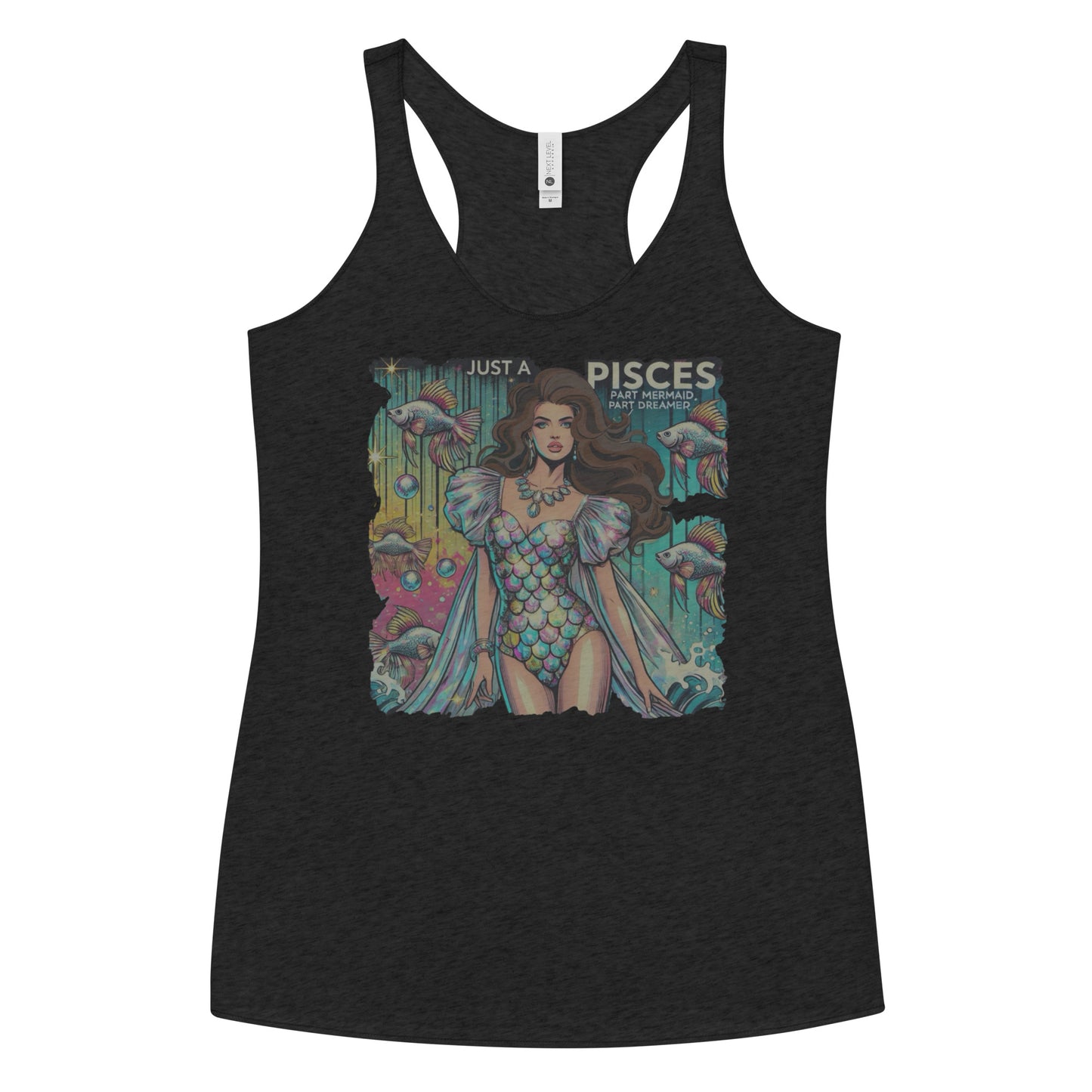 Flatlay of a heather black soft racerback tank t-shirt with a retro pop-art Brunette Pisces graphic featuring a brunette woman in a fish-scale dress, with fishes and bubbles backdrop, captioned ‘Just a Pisces, Part Mermaid, Part Dreamer'